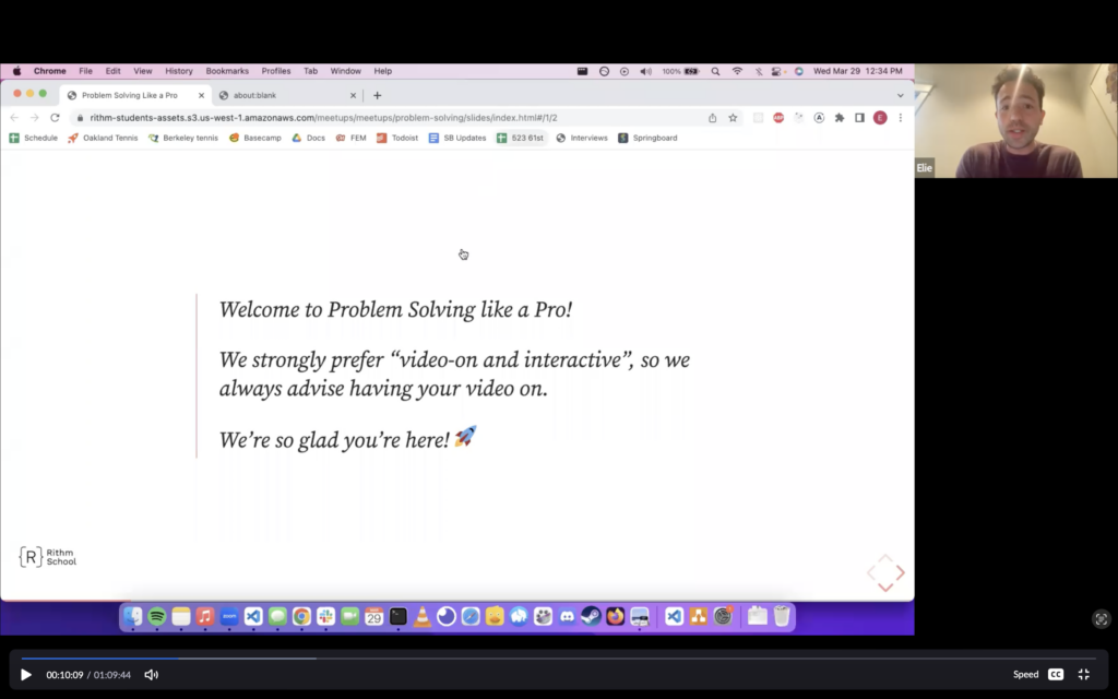Screenshot of recording showing welcome slide for Problem Solving Like a Pro workshop
